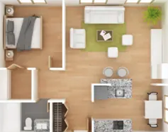 A top-down view of a well-organized kitchen with a dining area.